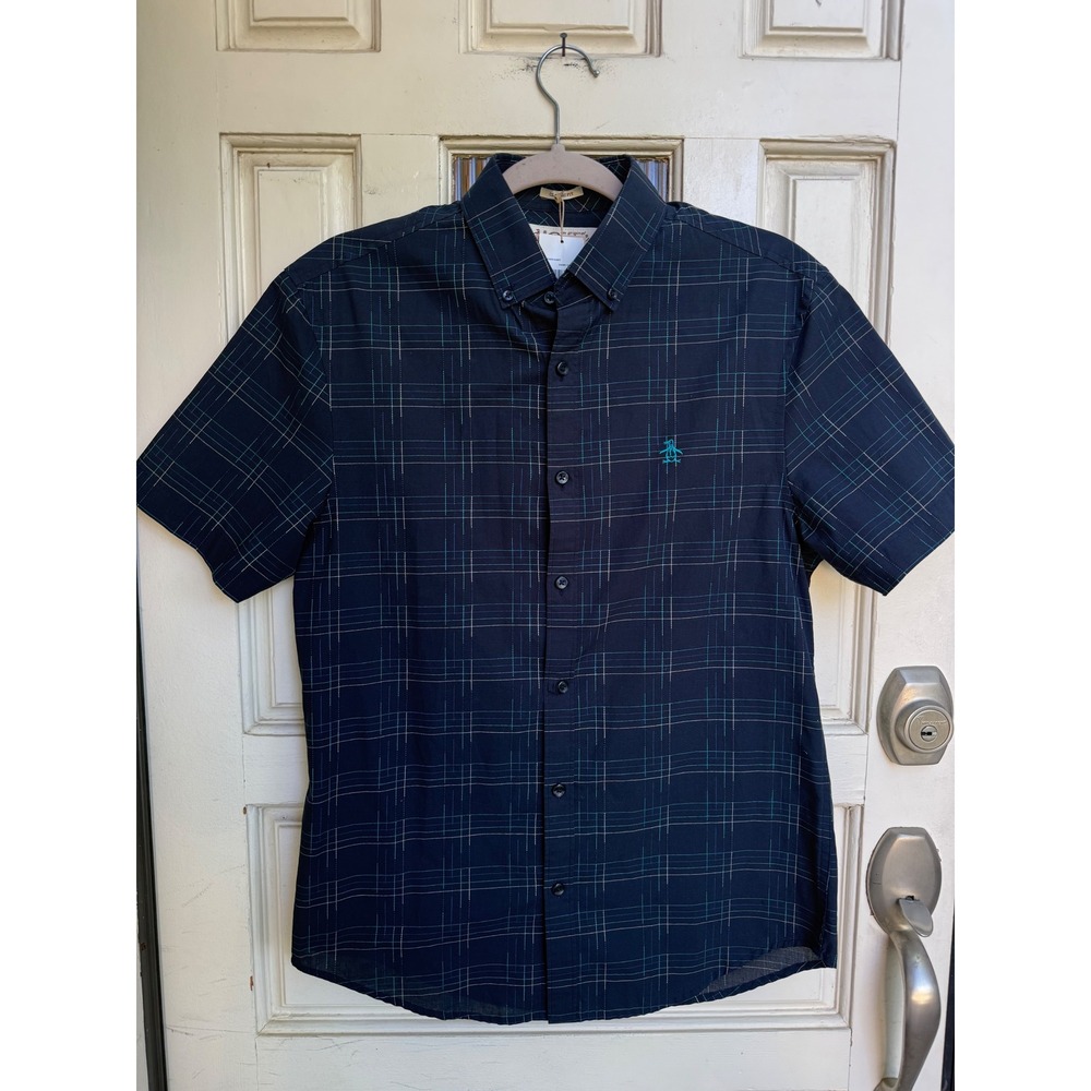 Original Penguin Dark Sapphire Grid Short Sleeve Button Down Shirt Size Small